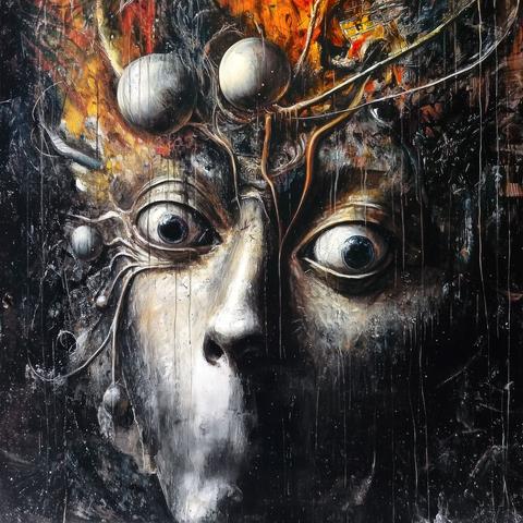 "Thinking in Pictures" - A haunting close-up of a pale face with wide, intense eyes against a dark background. Metallic spheres float above, trailing ethereal lines. Fiery oranges and deep blacks create a turbulent atmosphere. The face appears to emerge from dripping paint, suggesting the struggle of translating rich internal imagery into external expression.
