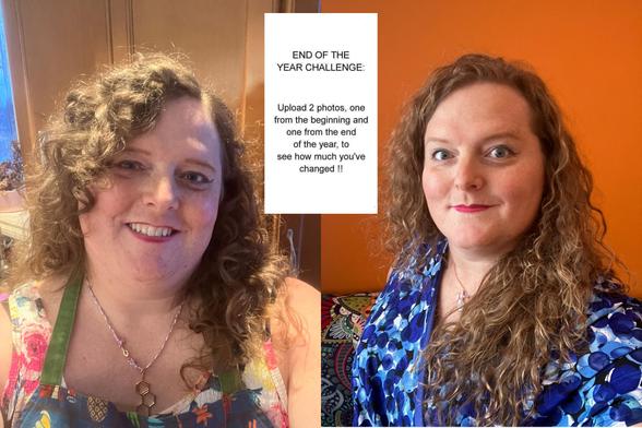 Two photos of Miriam, a white trans woman, captioned "End of the Year Challenge.  Upload 2 photos, one from the beginning of the year and one from the end of the year, to see how much you've changed !!

The first picture shows Miriam in a white floral top and blue-and-green apron, simple makeup, and an estrogen pendant.

The second picture shows Miriam in a blue dress, transbian pendant, and simple makeup.

The difference is striking but beyond my ability to caption.