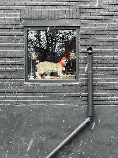 A painted-black, brick wall of a building with a ventilation pipe attached, and a small window.  Snow is falling.  In the window, what appears to be a stuffed bobcat is wearing a Santa hat and matching red scarf.