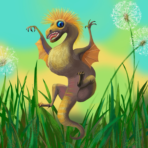An oldie drawing I did of a tiny dragon leaping out of the grass amongst dandelion puffs. He has a sort of yellow puff on his head like his natural camouflage is to resemble a dandelion.
