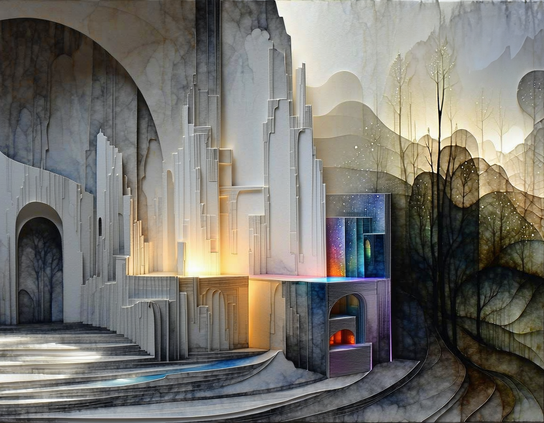 A surreal architectural design with white marble arches, layered steps, rainbow light accents, and trees silhouetted against a misty background.