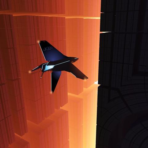 A concept sketch showing a futuristic flying craft navigating a massively deep canyon of glowing skyscrapers.