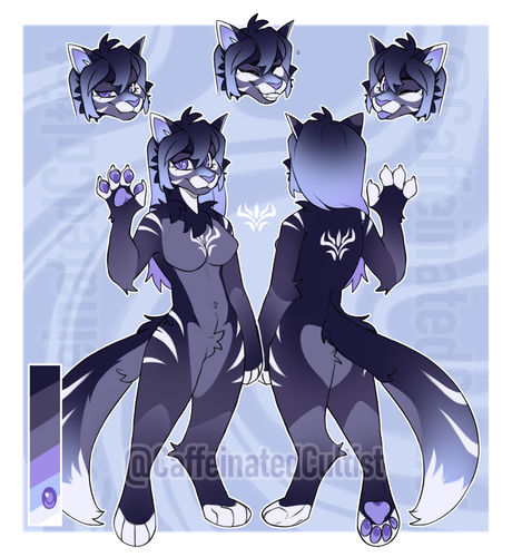 Digital art commission of a Furry character reference sheet. Displaying the full body front and back view, with 3 emotes at the top with expressions; smug, smile, wink!

Sheet includes a color palette bar for artists to easily grab the colors!

Artwork by, CaffeinatedCultist