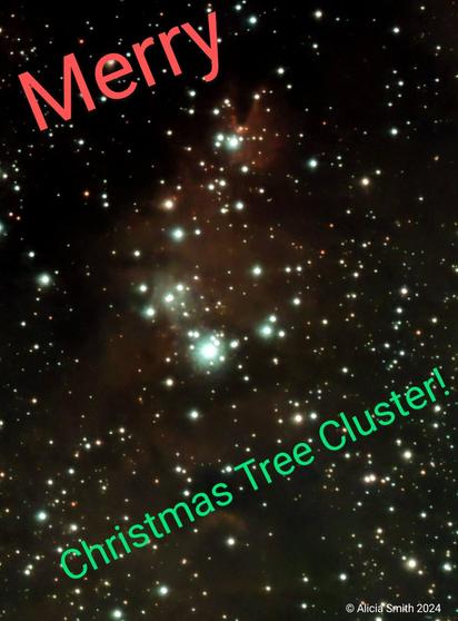 A star cluster , mostly green and blue stars with a haze of red nebula is framed the words, in red and green Merry Christmas Tree Cluster!