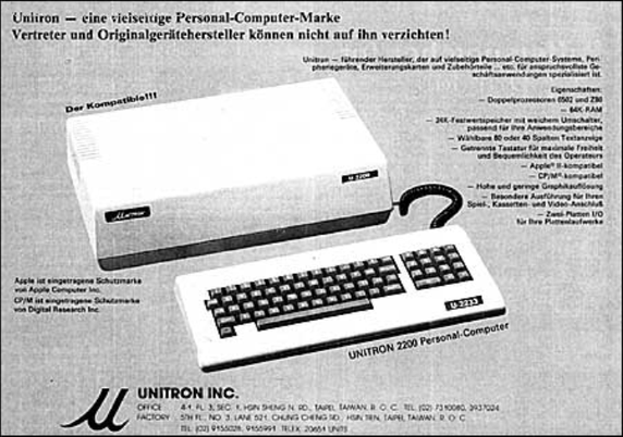 Werbeanzeige aus MC für den Unitron. zu sehen ist das Rechnergehäuse (ohne Platz für Floppies) mit der abgesetzten Tastatur. Auf der Schwarzweiß-Aufnahme nicht zu sehen war das Gehäuse hellbeige und die Tasten Schwarz. Umgeben ist das Bild von Werbeaussagen und technischen Angaben.