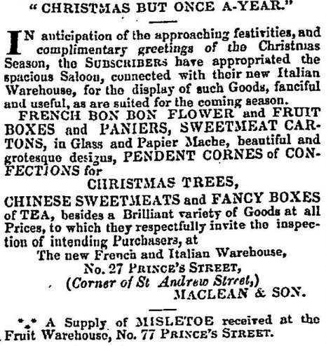 Advert, The Scotsman, 22nd December 1849. 27 Princes Street would later become the site of R. W. Forsyth's department store and, after that, Topshop.
