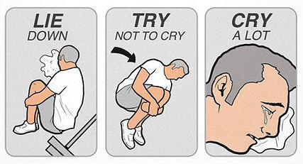 Classic meme
Three panels with a guy in the ground, rolling. First panel says "LIE DOWN" second is "TRY NOT TO CRY" and last is a close-up on the face, crying "CRY A LOT"