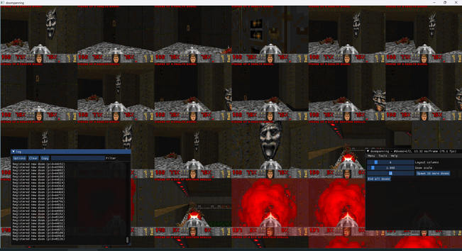 You can see a Windows 11 screenshot in which the main window of doompanning can be seen. Doompanning is running 172 DoomII instances.