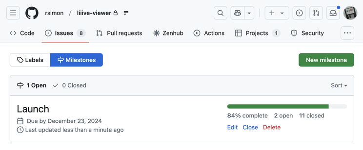 Screenshot from Github, showing that progress on the current "Launch" milestone is at 84%.