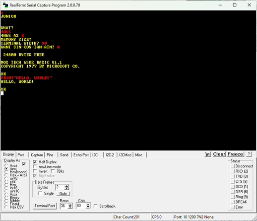 Copie d'écran du terminal série, on voit le démarrage classique du basic Microsoft avec les questions Memory Size ?  Terminal Width ? Want Sin-Cos-Tan-Atn ?