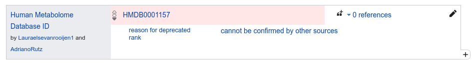 Statement for the "Human Metabolite Database ID" HMDB0001157 which has been working on by the Wikidata account Lauraelsevanrooijen1 and AdrianoRutz. They are not wrong.