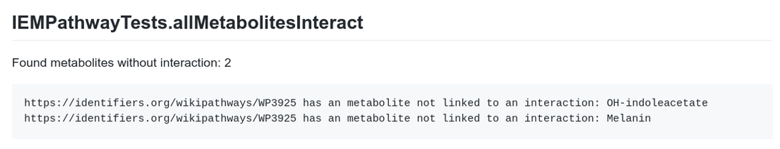 Screenshot of the results page of automated curation tests, showing that in WP3925 that OJ-indoleactate and Melanin do not have any interaction: https://www.wikipathways.org/sr24-curation/reports/WP3925#8860e69c