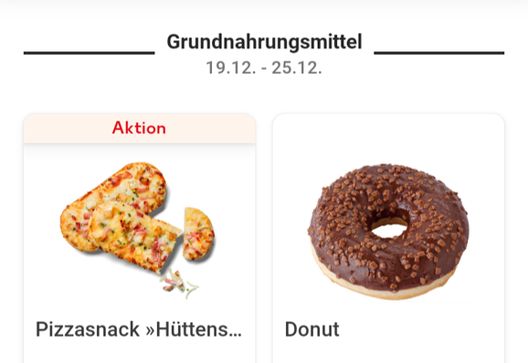 Screenshot aus der KauflandApp. Unter der Abschnittüberschrift Grundnahrungsmittel werden als erste Artikel ein Pizzasnack und ein Donut mit Bild aufgelistet