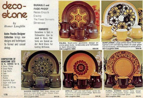 5 very 70s dishware patters with yellow, brown, avocado green and rust coloring.