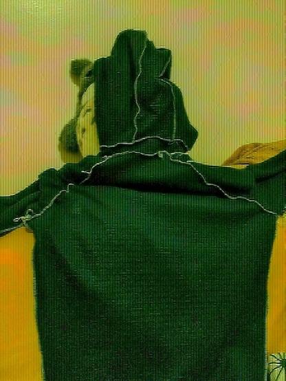 un hoodie bleu marine à l'envers en une espèce de polaire aérée. les surjetture sont blanche, il est posé sur un canapé jaune et la capuche sur une peluche Totoro