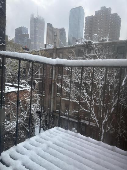 A picture of a fire escape and “backyard” view of the rear of buildings facing the next block, a couple of snowy trees, and New York City high rises in the background. The fire escape is covered in snow, but through the railings, the rest of the scene is visible.