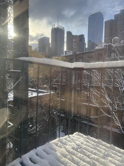 Another pic of my “backyard” fire escape view, this time with the sun breaking through. The fire escape has snow but you can see through the railings the row of homes on the next block, and high rises in the distance.