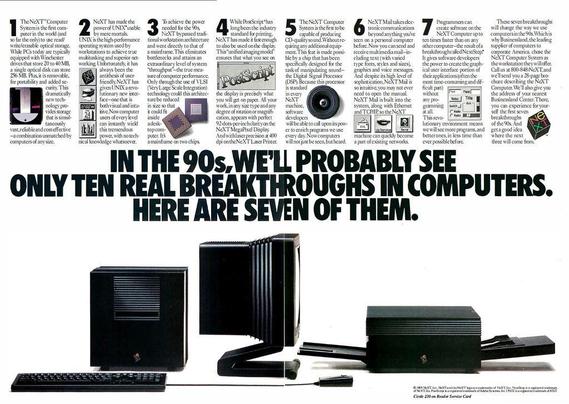 An  advertisement for the NeXT Computer System, highlighting seven key breakthroughs in computer technology expected in the 1990s. The advertisement features a detailed description of each breakthrough, accompanied by images of the NeXT computer and its components. The text emphasizes the unique features and capabilities of the NeXT Computer System, such as its use of UNIX, advanced graphics, and electronic communications