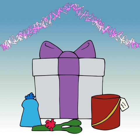 An illustration of gifts under white-and-purple tinsel against a teal-to-white gradient backdrop: a grey acid-free box with a big purple ribbon, a blue present with a dark blue bow (suspiciously solvent dispenser shaped), a green gift with a red ribbon (totally not bookbinding shears), and a red bucket-shaped present with a golden ribbon and an acid-free archival tag on it (totes not a bucket of adhesive). Festive! (Artwork by Jenny Mathiasson 2024)