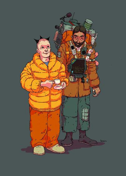 Illustration of two weird characters, dressed like punks in a postapocalyptic sci-fi setting. One drinking tea, another with a backpack full of technologic junk.