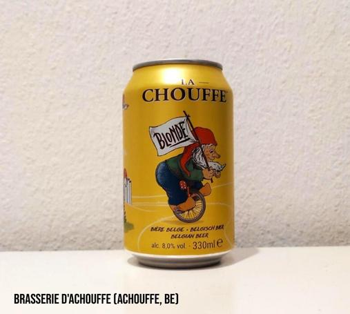 The label shows Chouffe's iconic red-hooded dwarf riding a unicycle.