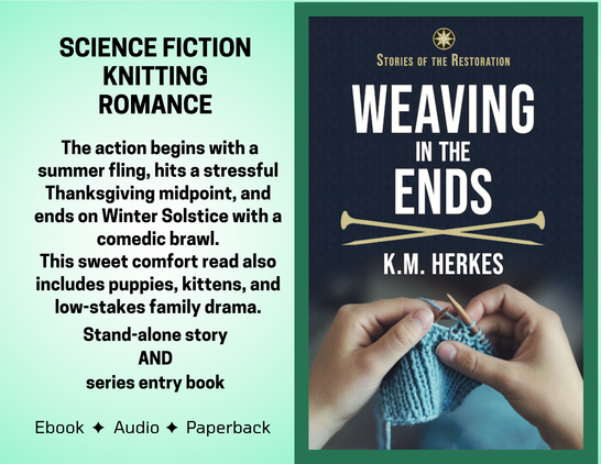 On the left, the text from the post. On the right, the cover of Weaving In The Ends by K. M. Herkes, showing two hands knitting blue yard against a moody dark background.