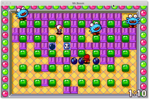 🕶️ A view of its UI (v.4.7, on my PC) during a game (1min 10s, game time displayed bottom right) where I'm playing with a bot (in the centre of the game zone, it's in the process of dropping 3 bombs). 3 monsters (in blue) are currently enclosed by elements of the scenery, but will eventually be freed.

📚️ Mr. Boom is a libre, multi-platform, single-player (AI) / multiplayer (up to 8 in LAN, in 2 or 4 teams), Bomberman game, whose objective is to bomb away your opponents in different arenas and to be the last survivor. It is an SDL port of a 1999 DOS game, which it improves (addition of IAs, multi-platform, compatibility with libretro). It offers several maps and chiptune soundtracks, a stylish and retro graphics, and a lot of bonuses (kangaroo, bombs that can be pushed, remote control, bulletproof vest, ...) and various monsters.