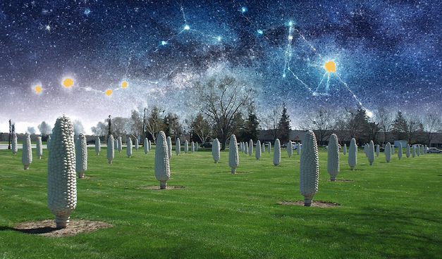 A field of corn statues with a night sky and strange constellations.