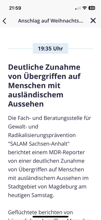 Screenshot von mdr.de: Deutliche Zunahme von Übergriffen auf Menschen mit ausländischem Aussehen