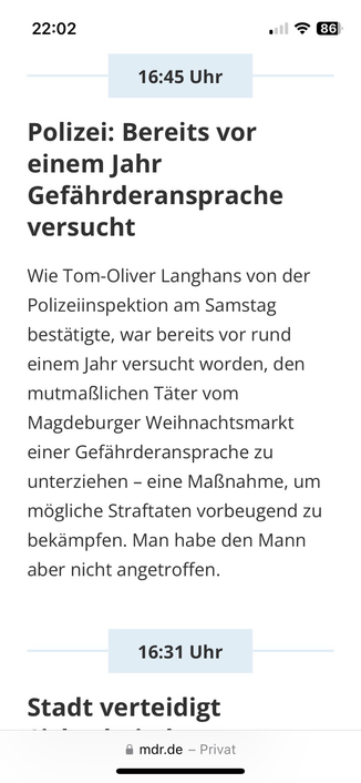 Screenshot von mdr.de: Polizei hat bereits vor einem Jahr Gefährderansprache versucht
