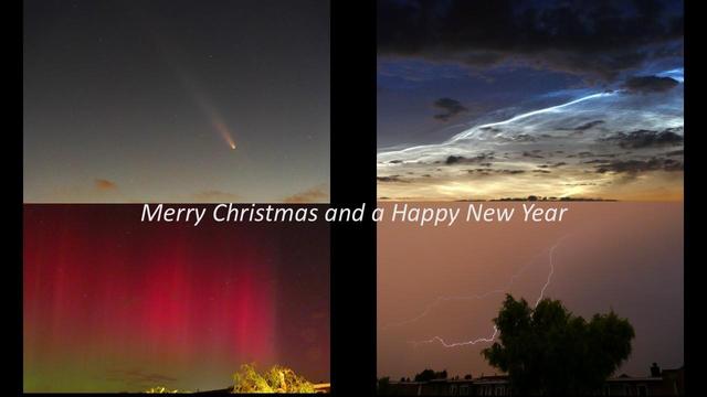 The image shows my Christmas card for this year. It consists of four images I took this year. At upper left is comet Tsuchinshan-ATLAS as it looked like on 14 October 2024. At lower left are red beams of aurora during the great aurora show in the eaarly hours of 11 October 2024. Upper right shows noctilucent clouds just before midnight on 28 June 2024. Lower right shows a lighning bolt during a thunderstorm on 2 September 2024.