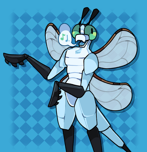 A colored drawing of my fursona by datbx. An anthropomorphic blue dasher dragonfly, standing on 2 legs and holding his arms out forward. From the top down, he has tall black antennae, large turquoise compound eyes with tall black pseudopupils, a spiked mouth that sticks out, 2 pairs of dragonfly wings, and a long tail that resembles a dragonfly abdomen.
His body is light blue, with the chest and face being a silver color. The chest has something resembling scales. The ends of the arms, legs, and tail are pitch black. The ends of the arms are also mantis-like spiky things.
He's looking the opposite direction and a few music notes are coming out in a speech bubble.