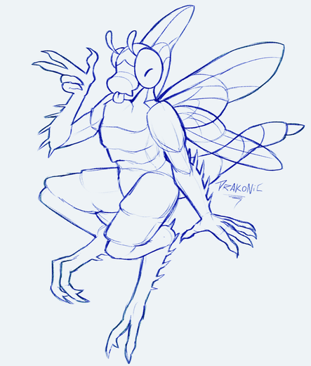 A sketch of my fursona by Drakonic. He's in a different pose, with his legs in a crouching position. You can see the bottom part of the legs, with spikes on the back of the ankle and the feet being 2 large claws. The hands in this image are human-like hands, but longer and more similar to claws.
His pseudopupils make it look like his eyes are closed, and he's doing a blep with his tongue.