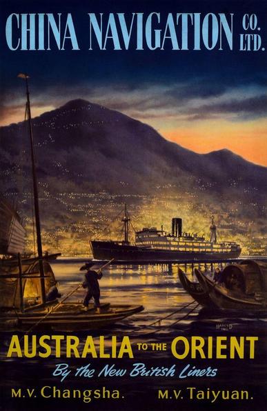 The sun has set behind a mountian and a steam ship arrives in port. All the lights are on and the scene is lit up by them.