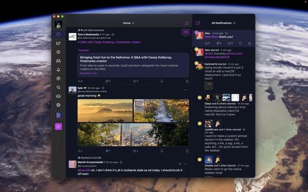 Screenshot von Ice Cubes for Mastodon im dunklen Modus samt Seitenleiste am rechten Rand auf einem Mac. Im Hintergrund ein Wallpaper, das die Erde aus dem All zeigt. Foto (c) Ice Cubes.