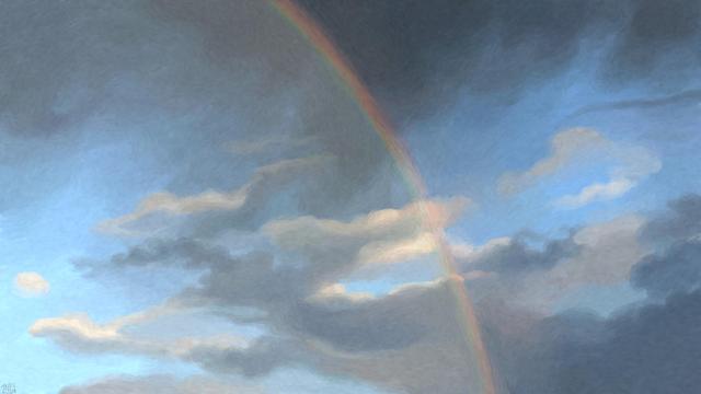 Digital painting of a pale blue sky, filled with all manners of grey clouds, with a thin rainbow splitting the frame in half. The sky is lighter inside of the arc, and darker outside of it.