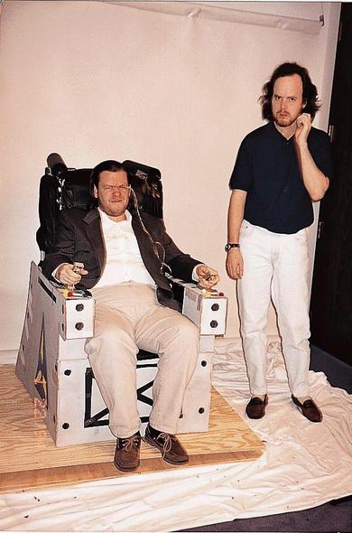 Joe Siegler (seated) & Tom Hall during recording sessions for the Sebastian Krist character in Rise of the Triad.