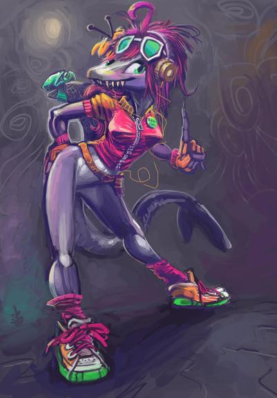 anthropomorphic fish person wearing a pink and orange jacket, with similarly garish shoes, bright green sunglesses and gold earphones stands in front of a swirly void