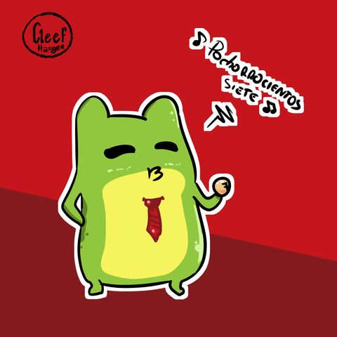 Froggelio con corbata roja y una bola de la loteria diciendo "pochorrocientos siete"