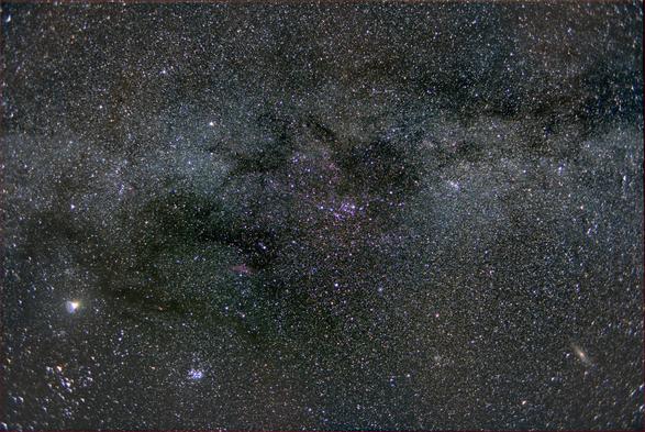A wide angle view of the early winter Milky Way. Dark dust lanes crisscross all over the Milky Way.

It is difficult to identify constellations because this long exposure captures so many stars. (Auriga is in the upper left quadrant.)

Hyades in lower left. Pleiades to the right of the Hyades. Jupiter above the Hyades.

Good luck seeing the W of Cassiopeia (near the right edge) because of so many Milky Way stars.

The Andromeda galaxy is lower right corner...looking small because it's a wide angle view.