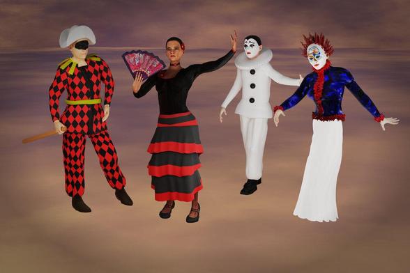 Vier Figuren in Kostümen: Ein Harlekin, eine Flamenco-Tänzerin, ein Pierrot und eine Tänzerin mit einer venezianischen Maske.

Four figures in costumes: a harlequin, a flamenco dancer, a pierrot and a dancer with a Venetian mask.