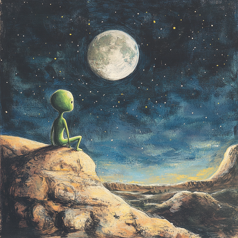 Image générée par IA montrant un alien regardant la Lune depuis la Terre