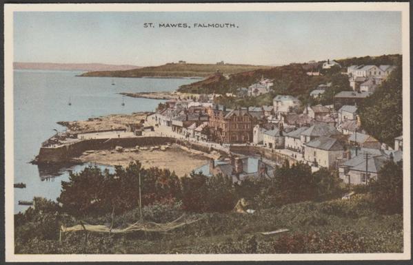 Printed colour postcard showing a view of St Mawes in Cornwall.
Published by W.H. Smith & Son Ltd, 17 Church Street, Falmouth, Aqua-Tone Series, not numbered, c.1930s.
Postally unused.
Good condition, with very slight corner bumps, but light bend to centre right.
