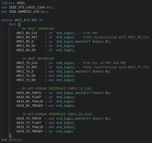 Example of Ethernet MAC VHDL entity with GMII interface.