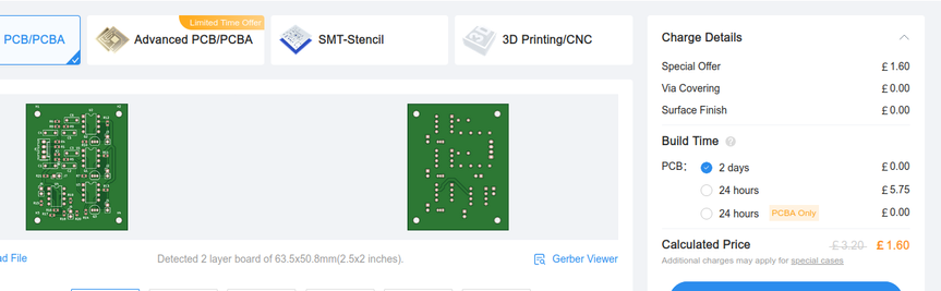 Checkout page for manufacturing 5 PCBs, showing the price as being £1.60.