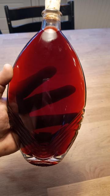 Sloe gin in a pretty flask - ruby red and seethrough, my hand visible through the pretty liquid.