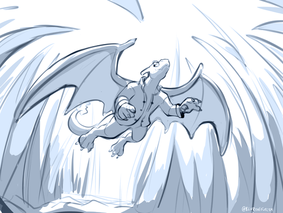 A charizard in a jacket and glasses being a few inches tall and flying through the tall grass~