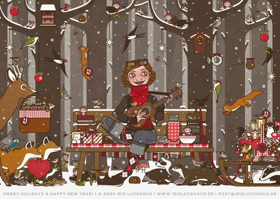 Christmas card with Lily Lux in her favorite spot in the forest, where she has decorated the trees festively and is now sitting on her bench where she is playing the ukulele for the forest animals. Deer, fox, raccoon, badger, marten, weasel, squirrel, dormouse, mouse, marmot, mole, salamander, frog, falcon, jay, magpie, pigeon, green woodpecker, blackbird, nightingale, robin, great tit, crested tit, goldfinch, bullfinch, kingfisher, goldcrest, chaffinch, sparrow, wren, bumblebee, rock bumblebee, tree bumblebee, meadow bumblebee, dragonfly and least weasel are watching and listening - and are already stealing the first fat balls and rings, apples and pine cones that Lily has brought them as gifts on her sleigh and in the picnic basket. There are also beautifully wrapped gifts, Santa Clauses and cookies for their human friends, as well as lots of lucky clovers for a fantastic New Year!