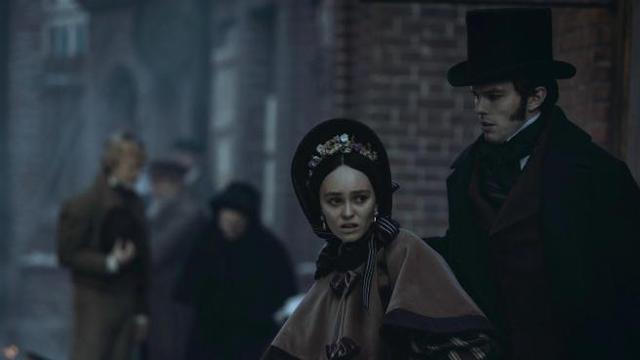 Lily-Rose Deep and Nicholas Hoult in Victorian clothes as Ellen Hutter and Thomas Hutter in Robert Eggers' Nosferatu