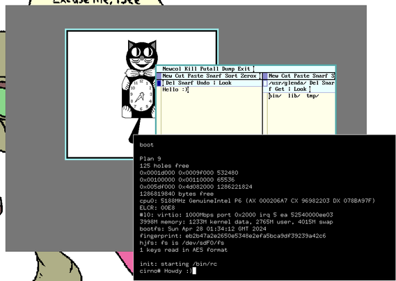 An X desktop running drawterm and XTerm. The drawterm window is running catclock and acme, whereas the XTerm window is showing the VMM serial console from a 9front VM